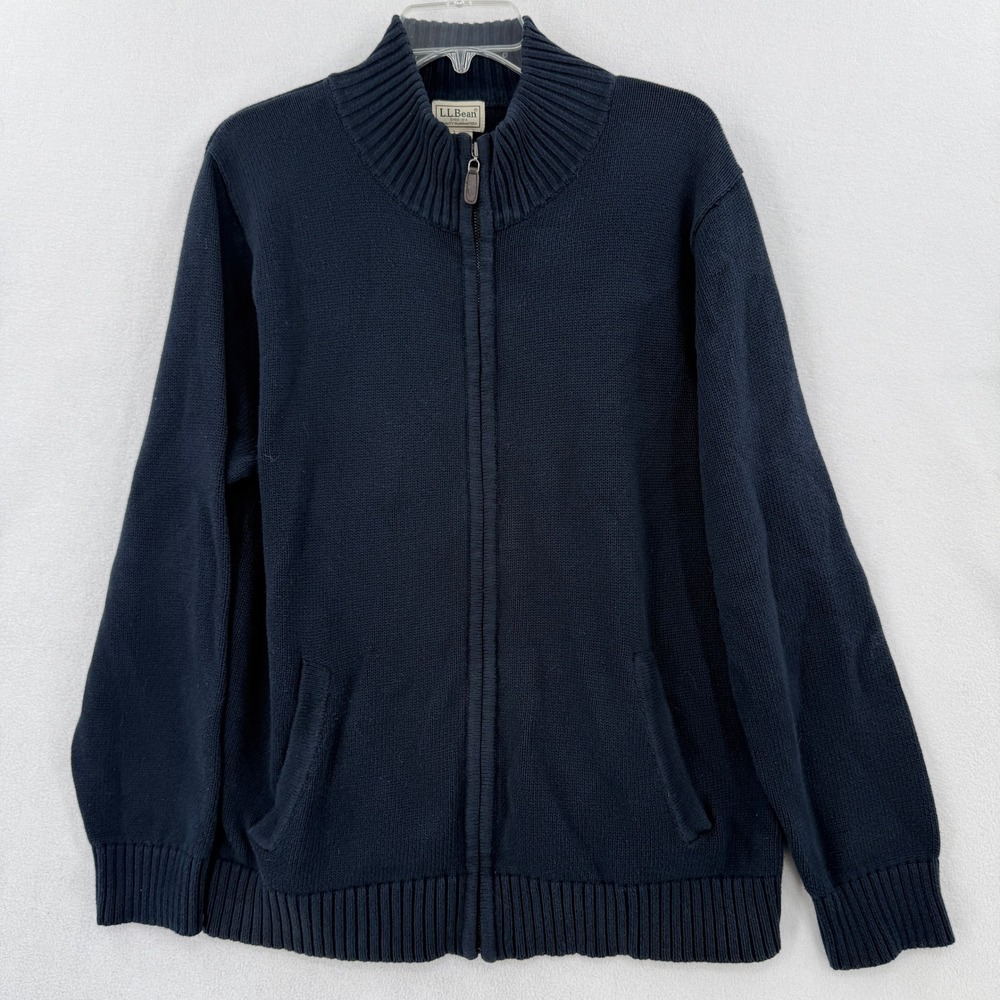 LL Bean Cardigan Sweater Mens Large Regular Navy Blue Full Zip Cotton 258292